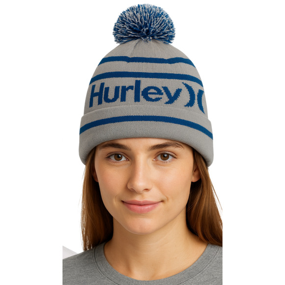 Hurley Ragland Gray Blue Pom Beanie Knit Winter Hat Cuffed Acrylic One Size New - Picture 2 of 12